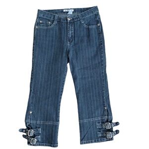Vintage STEAM Striped Jean Capri Buckle Detail Split Hems  Size 7 / 8 Waist 28”